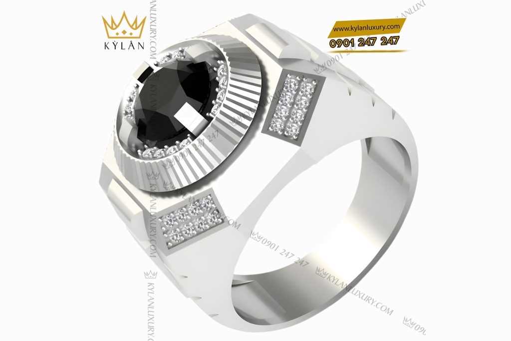 Nhẫn nam vàng trắng Au750 đính kim cương và đá quý đen