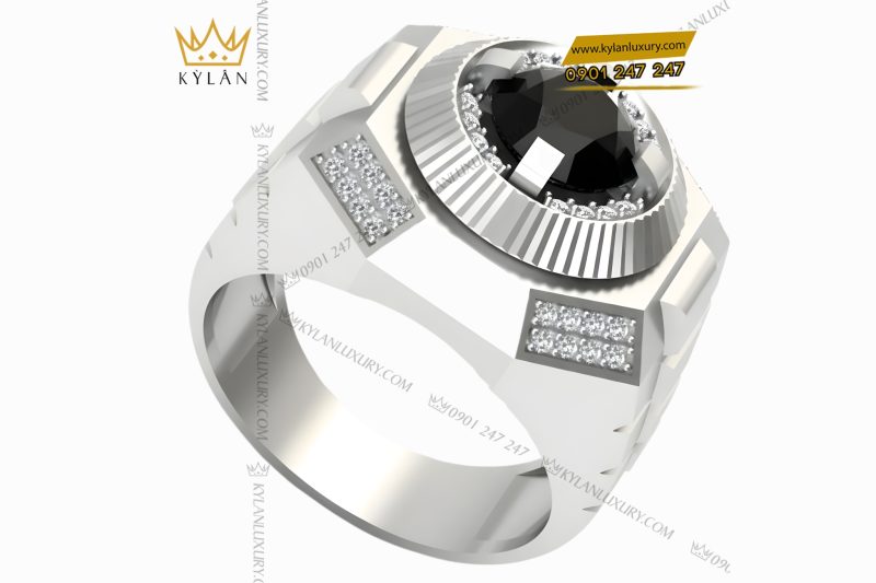 Nhẫn nam vàng trắng Au750 đính kim cương và đá quý đen