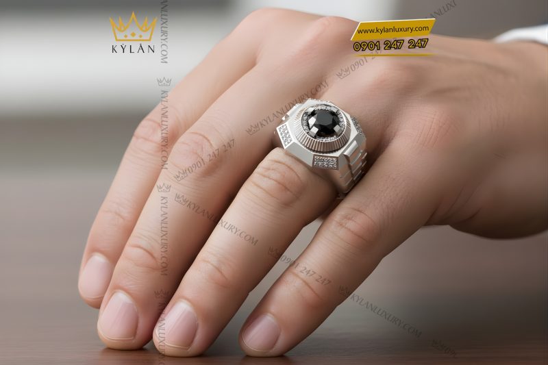 Nhẫn nam vàng trắng Au750 đính kim cương và đá quý đen