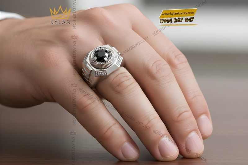 Nhẫn nam vàng trắng Au750 đính kim cương và đá quý đen