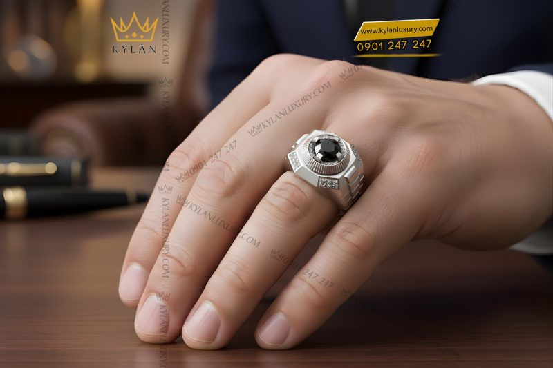 Nhẫn nam vàng trắng Au750 đính kim cương và đá quý đen
