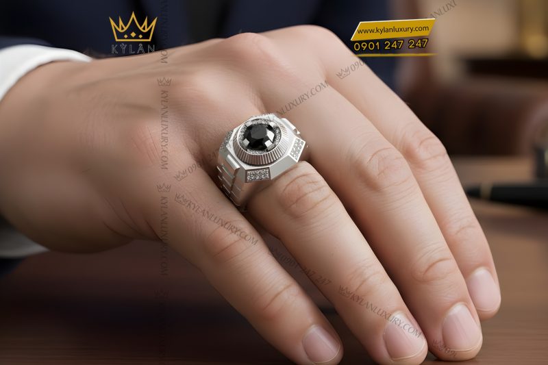 Nhẫn nam vàng trắng Au750 đính kim cương và đá quý đen