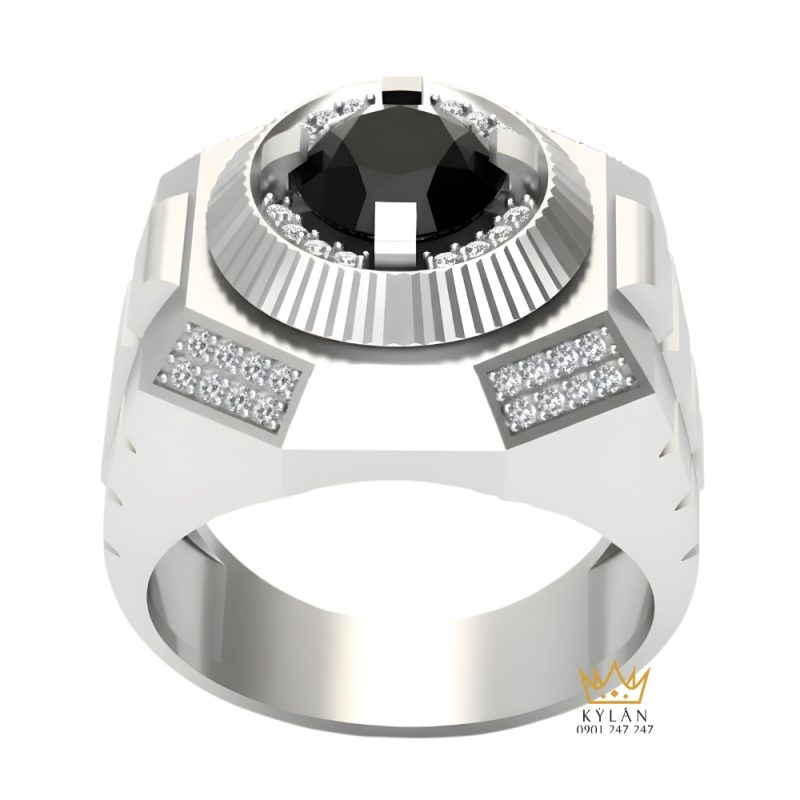 Nhẫn nam vàng trắng Au750 đính kim cương và đá quý đen