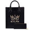 Túi xách full da cá Alligator black đính logo vương miện KY LAN