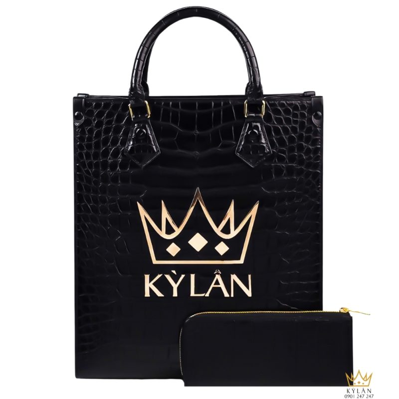 Túi xách full da cá Alligator black đính logo vương miện KY LAN