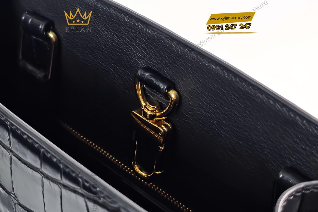 Túi xách full da cá Alligator black đính logo vương miện KY LAN 