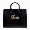 Túi xách nữ full da cá Alligator black đính logo chữ Bella vàng Au750