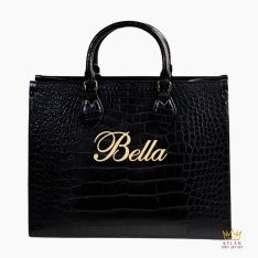 Túi xách nữ full da cá Alligator black đính logo chữ Bella vàng Au750