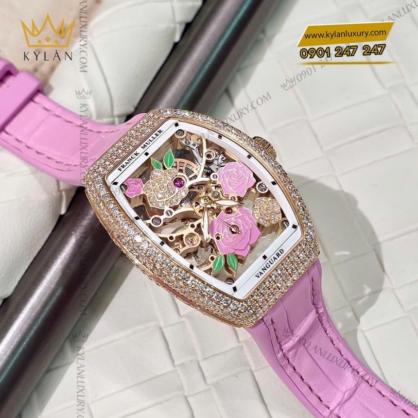 Kỳ Lân Luxury franck muller vanguard v32 rose pink diamond 6 Đồng hồ Franck Muller Vanguard V32 Rose Skeleton Pink Diamond
