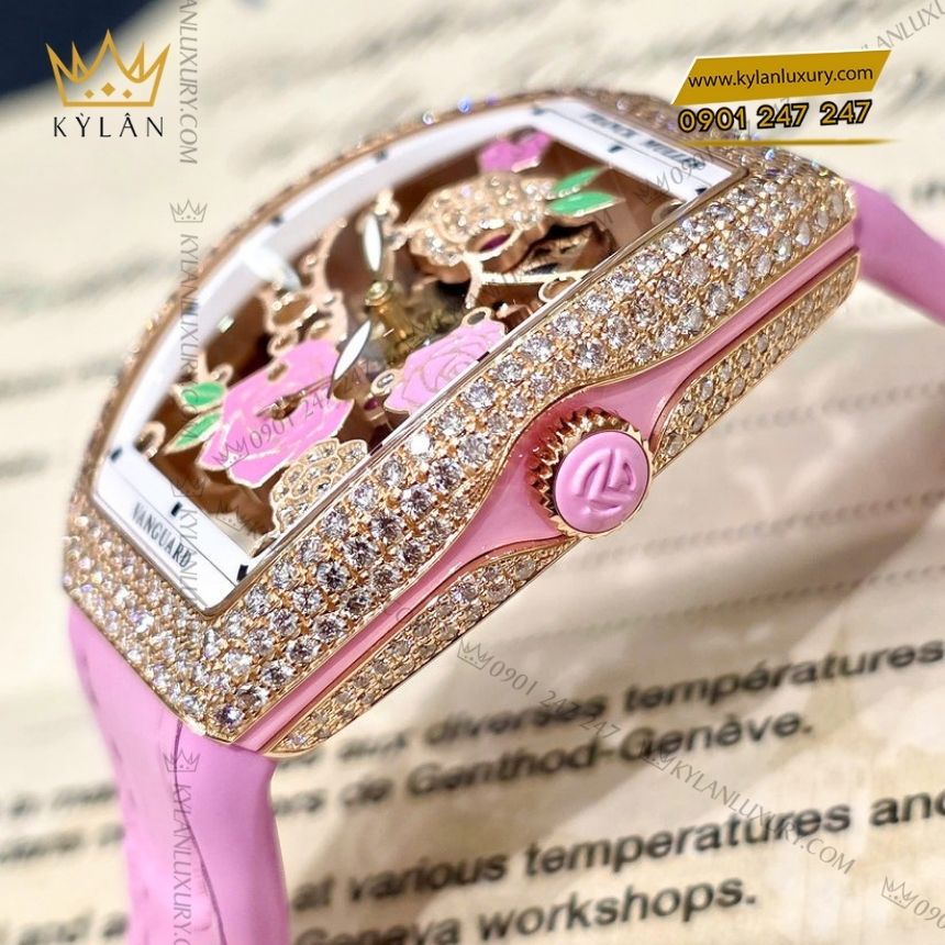 Kỳ Lân Luxury franck muller vanguard v32 rose pink diamond 7 Đồng hồ Franck Muller Vanguard V32 Rose Skeleton Pink Diamond