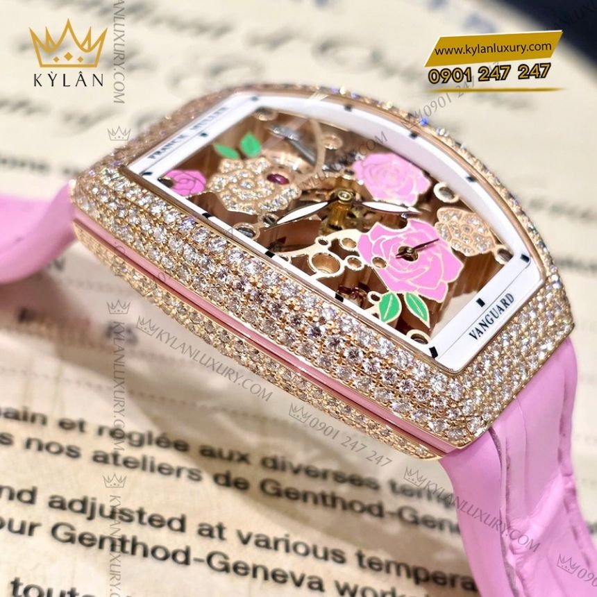 Kỳ Lân Luxury franck muller vanguard v32 rose pink diamond 8 Đồng hồ Franck Muller Vanguard V32 Rose Skeleton Pink Diamond