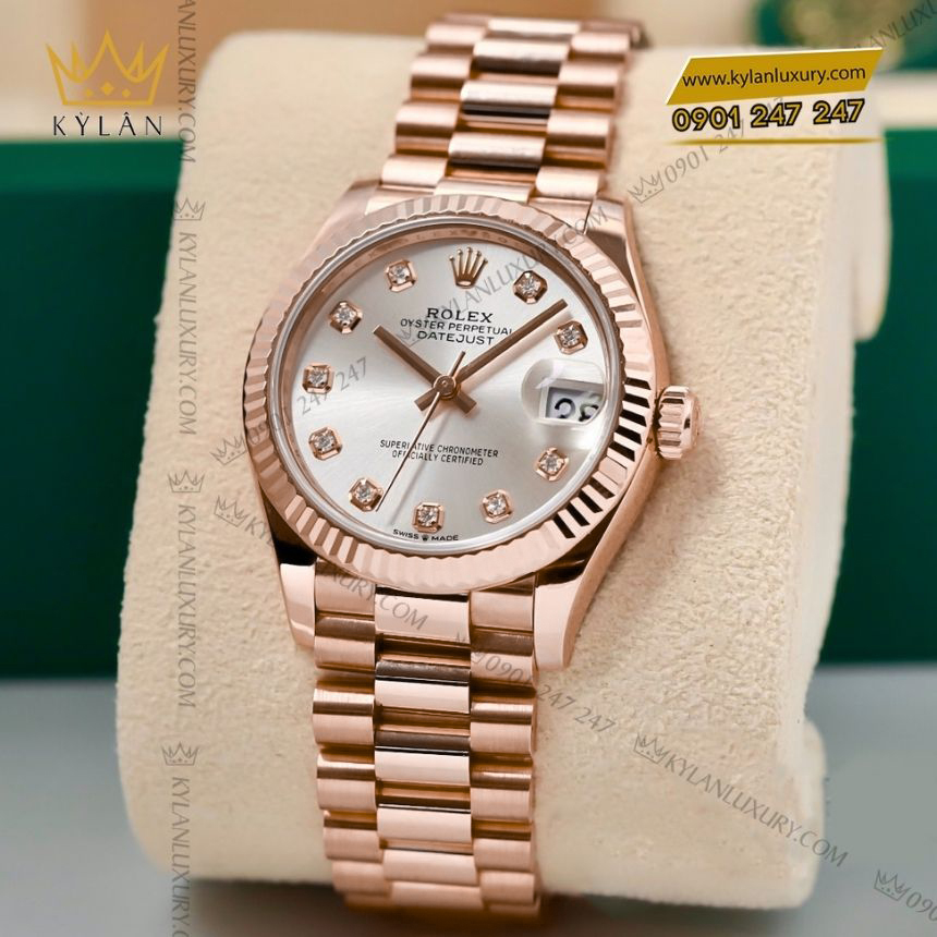 Kỳ Lân Luxury rolex datejust 31 mat so bac 278275 0039 3 Đồng hồ Rolex Datejust 31 vàng hồng mặt số bạc 278275-0039
