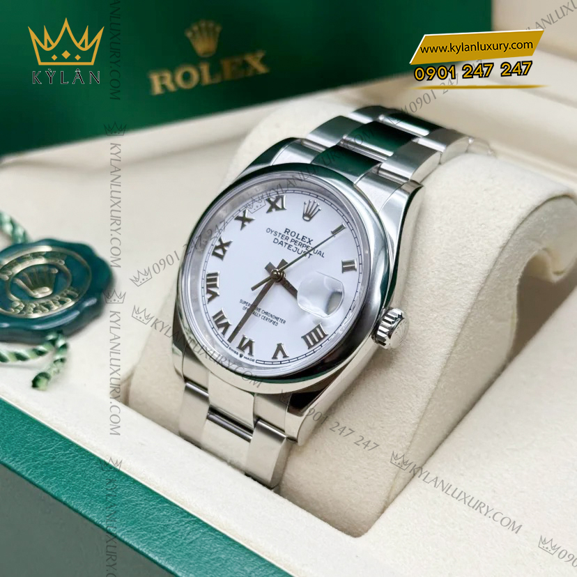 Kỳ Lân Luxury rolex datejust 36 trang la ma 126200 0008 2 Đồng hồ Rolex Datejust 36 trắng La Mã vành trơn 126200-0008