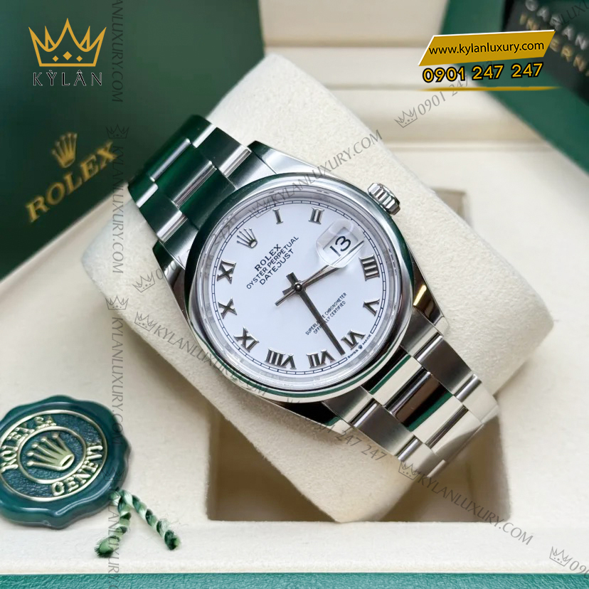Kỳ Lân Luxury rolex datejust 36 trang la ma 126200 0008 5 Đồng hồ Rolex Datejust 36 trắng La Mã vành trơn 126200-0008