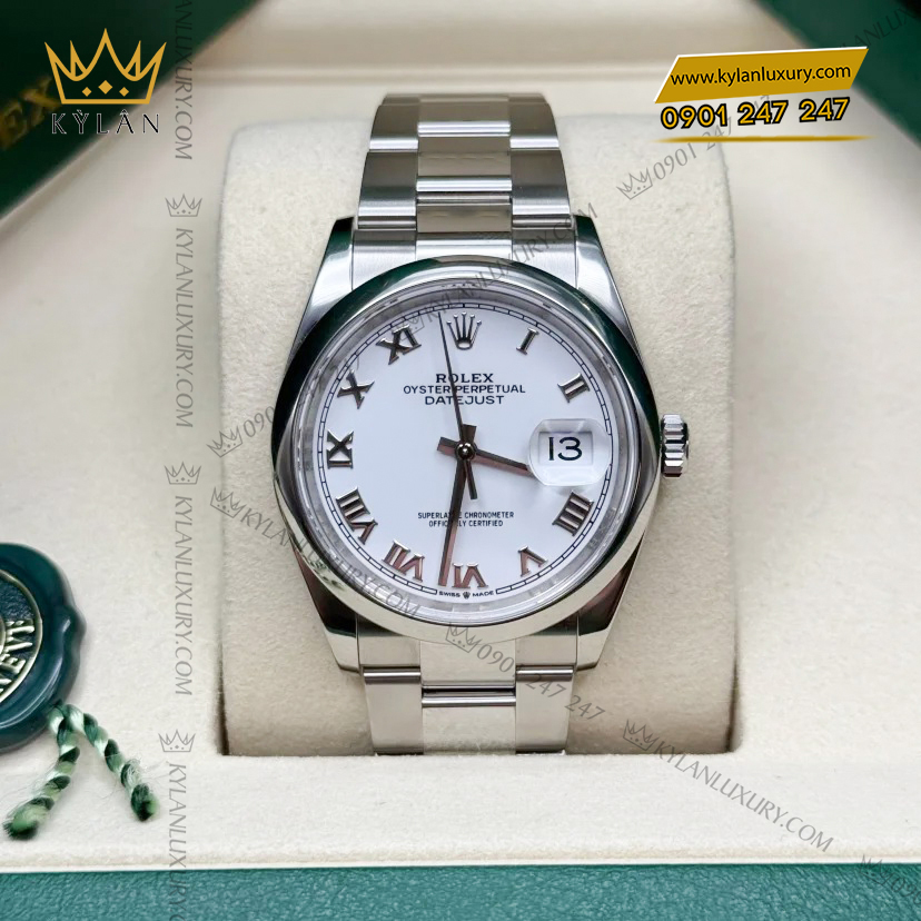 Kỳ Lân Luxury rolex datejust 36 trang la ma 126200 0008 7 Đồng hồ Rolex Datejust 36 trắng La Mã vành trơn 126200-0008