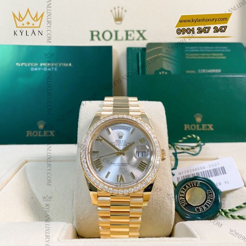 Kỳ Lân Luxury rolex day date 40 bac la ma 228348rbr 0007 10 Đồng hồ Rolex Day-Date 40 mặt bạc La Mã vành kim 228348RBR-0007