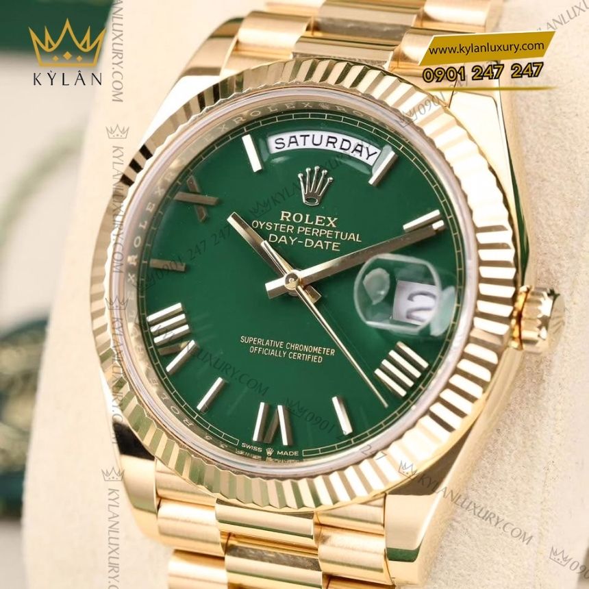 Kỳ Lân Luxury rolex day date 40 xanh la 228238 0061 4 Đồng hồ Rolex Day‑Date 40 mặt xanh lá La Mã 228238-0061