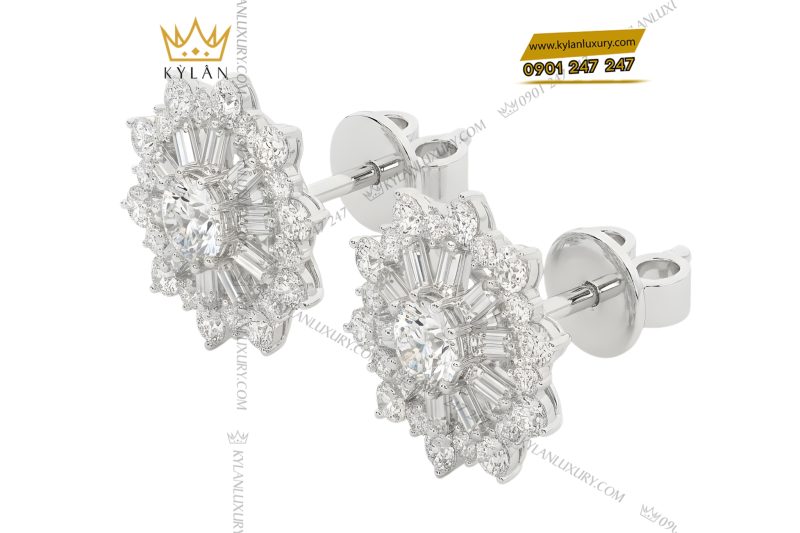 Bông tai hoa tuyết vàng trắng Au750 đính kim cương