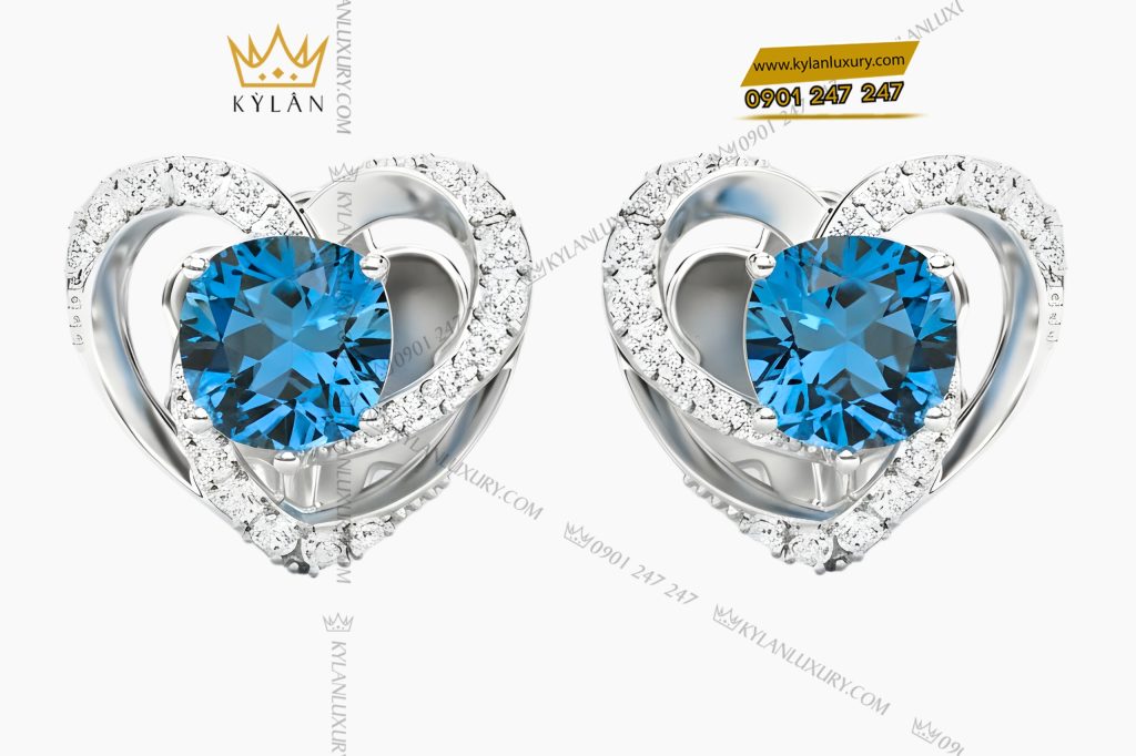 Bông tai vàng trắng Au750 đính kim cương và đá Topaz