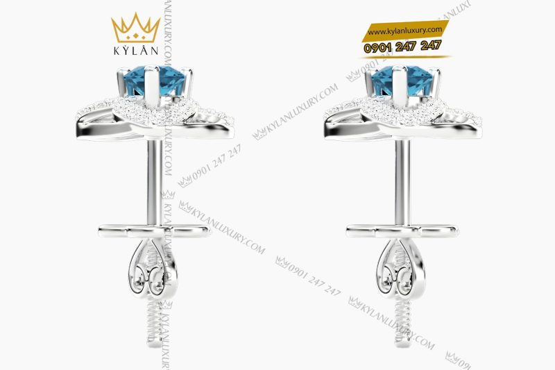 Bông tai vàng trắng Au750 đính kim cương và đá Topaz