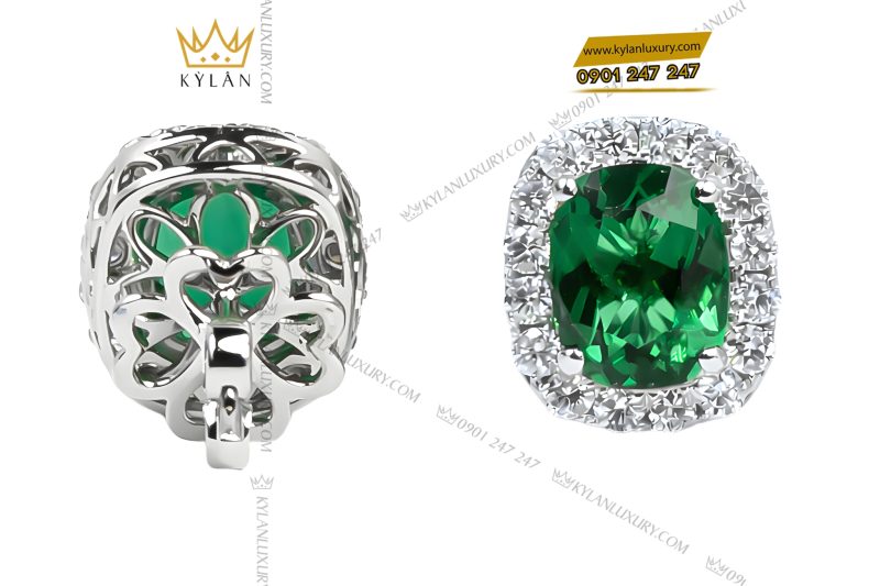 Bông tai vàng trắng Au750 đính kim cương và đá ngọc lục bảo