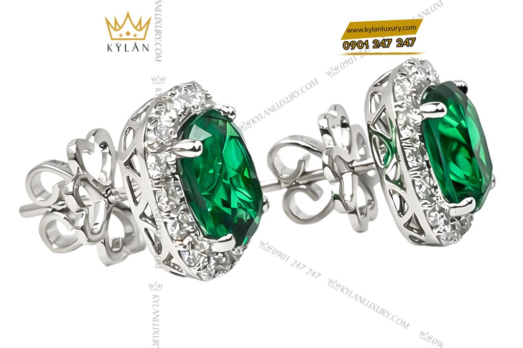 Kỳ Lân Luxury Bong tai vang trang Au750 dinh kim cuong va da ngoc luc bao 6 Bông tai vàng trắng Au750 đính kim cương và đá ngọc lục bảo