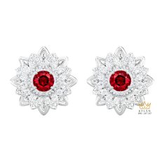 Bông tai vàng trắng Au750 đính kim cương và đá quý đỏ