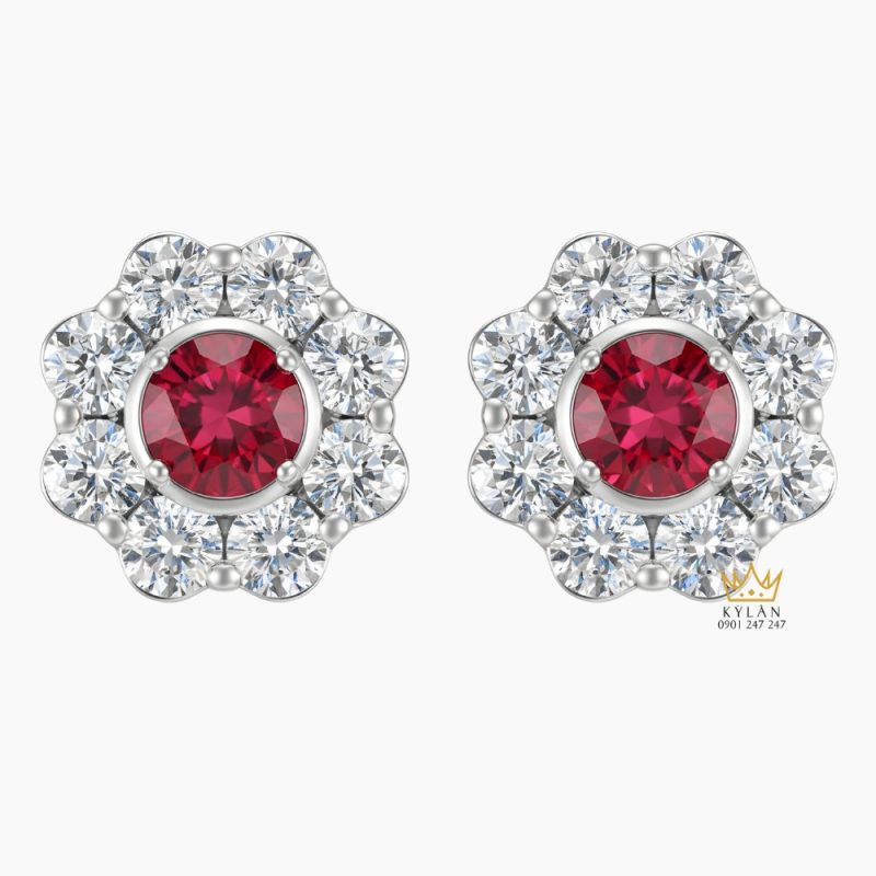 Bông tai vàng trắng Au750 đính kim cương và đá quý đỏ