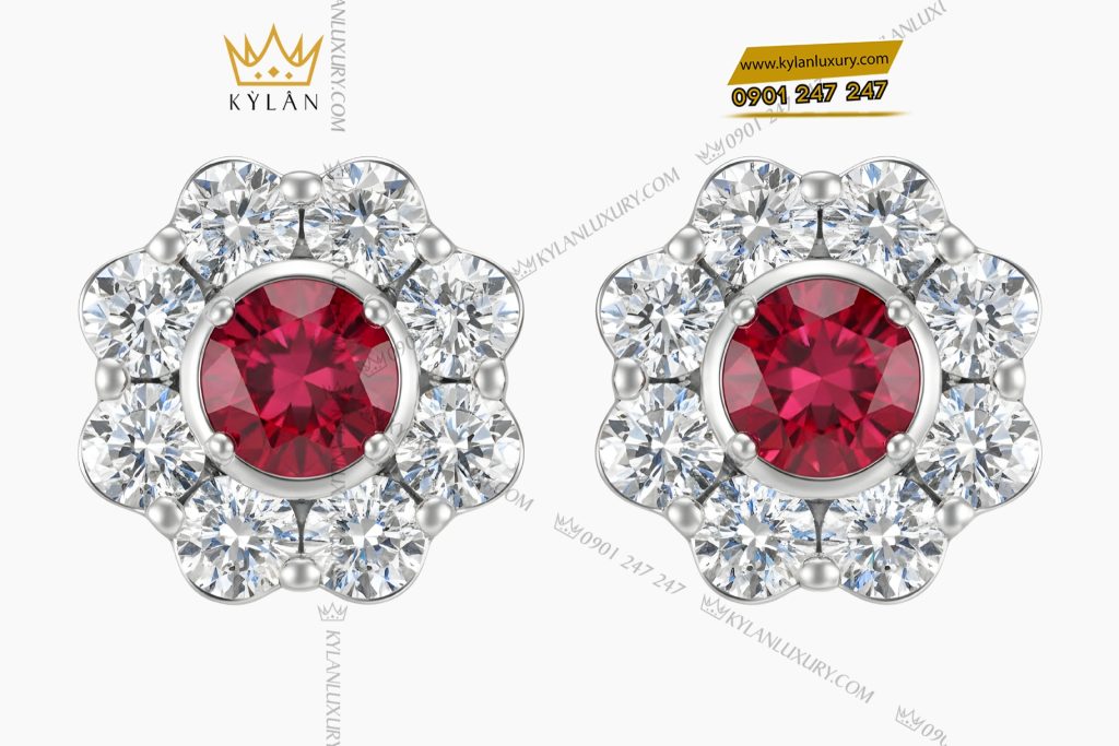 Bông tai vàng trắng Au750 đính kim cương và đá quý đỏ 2 Bông tai vàng trắng Au750 đính kim cương và đá quý đỏ