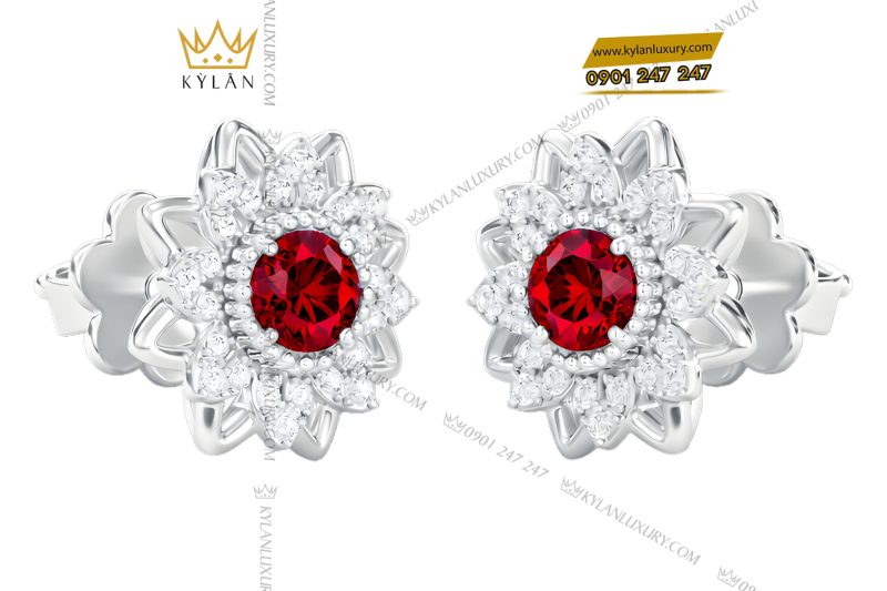 Bông tai vàng trắng Au750 đính kim cương và đá quý đỏ