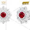 Bông tai vàng trắng Au750 đính kim cương và đá quý đỏ