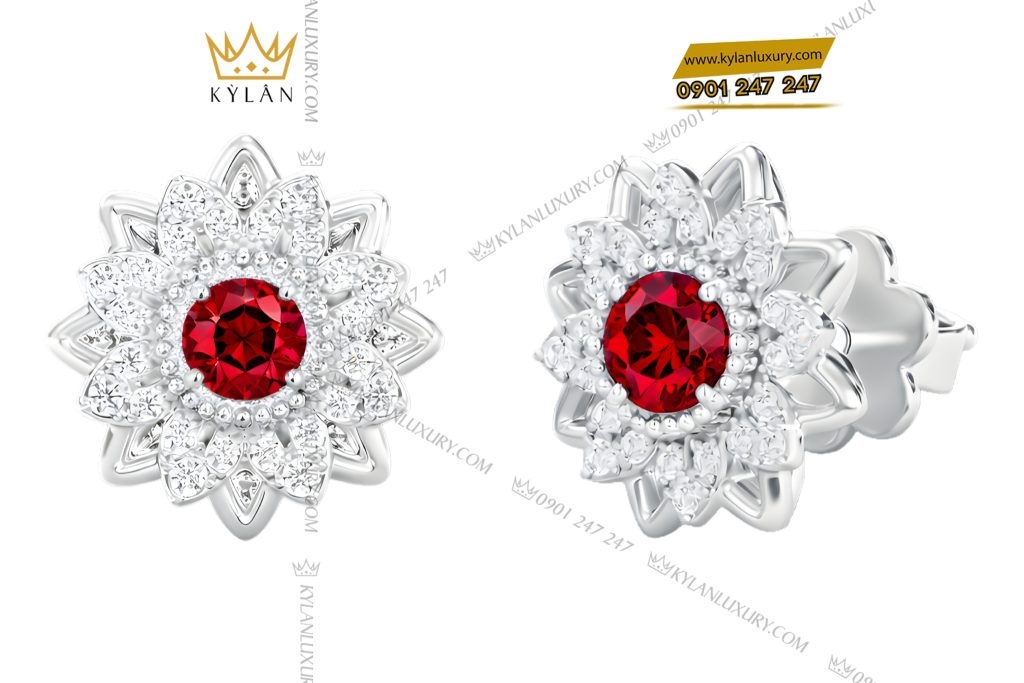 Bông tai vàng trắng Au750 đính kim cương và đá quý đỏ 10 Kỳ Lân Luxury Bong tai vang trang Au750 dinh kim cuong va da quy do 4 1 Bông tai vàng trắng Au750 đính kim cương và đá quý đỏ