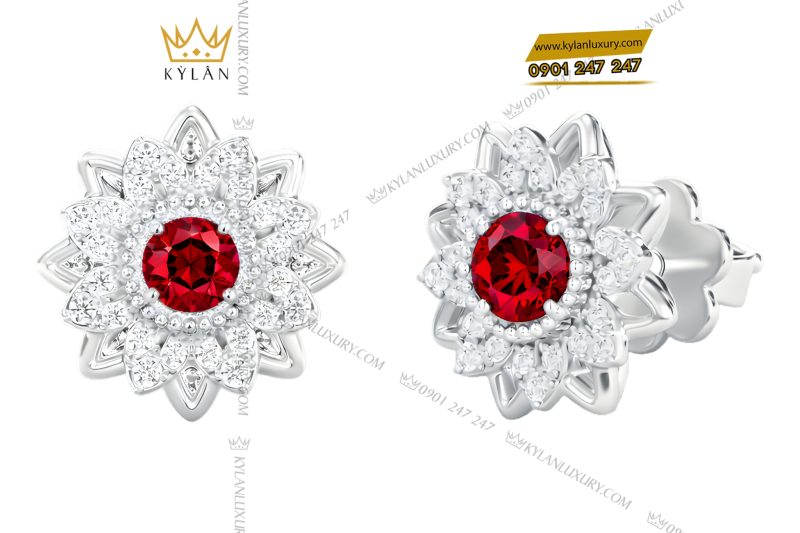 Bông tai vàng trắng Au750 đính kim cương và đá quý đỏ