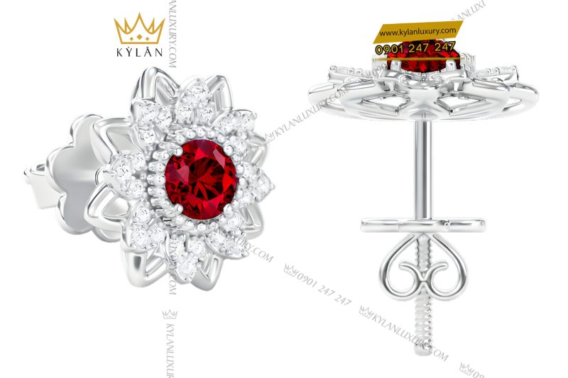 Bông tai vàng trắng Au750 đính kim cương và đá quý đỏ