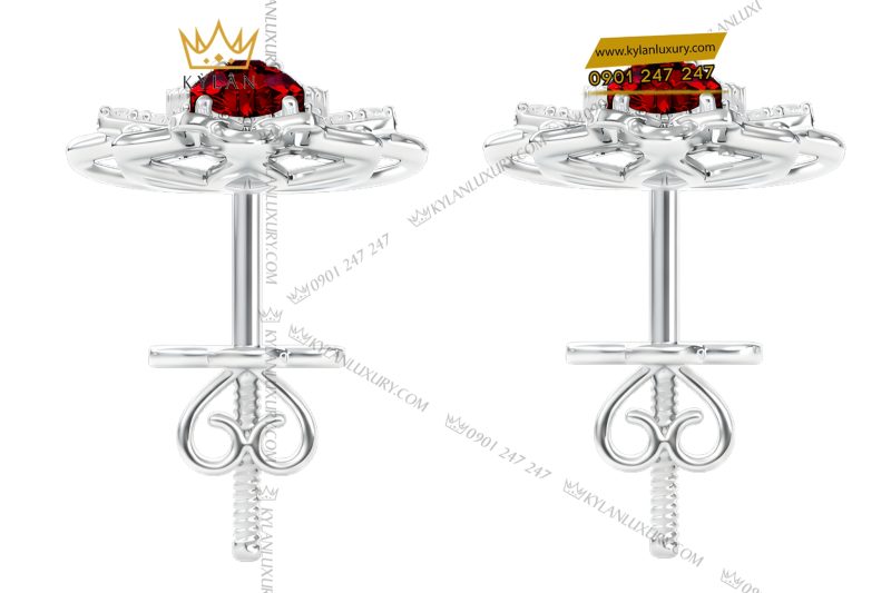 Bông tai vàng trắng Au750 đính kim cương và đá quý đỏ