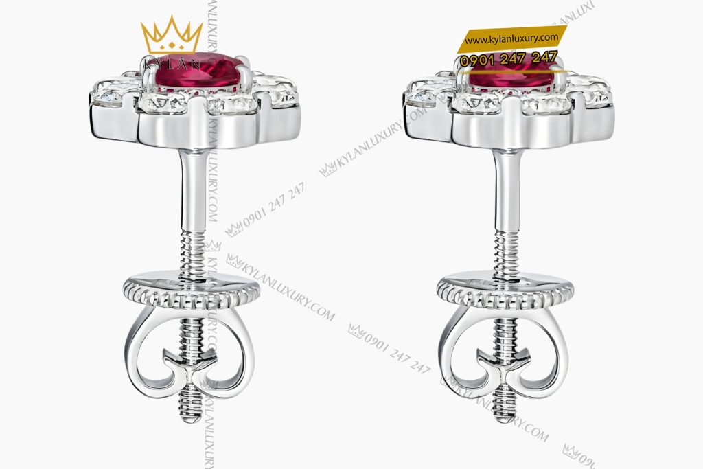 Bông tai vàng trắng Au750 đính kim cương và đá quý đỏ 4 Bông tai vàng trắng Au750 đính kim cương và đá quý đỏ