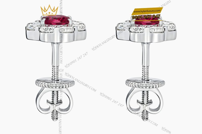 Bông tai vàng trắng Au750 đính kim cương và đá quý đỏ