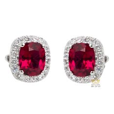 Bông tai vàng trắng Au750 đính kim cương và đá sapphire đỏ