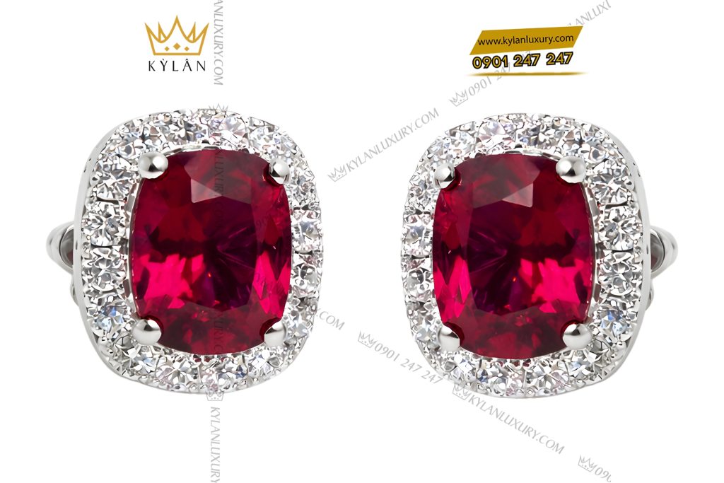 Bông tai vàng trắng Au750 đính kim cương và đá sapphire đỏ