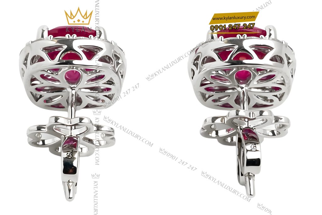 Bông tai vàng trắng Au750 đính kim cương và đá sapphire đỏ