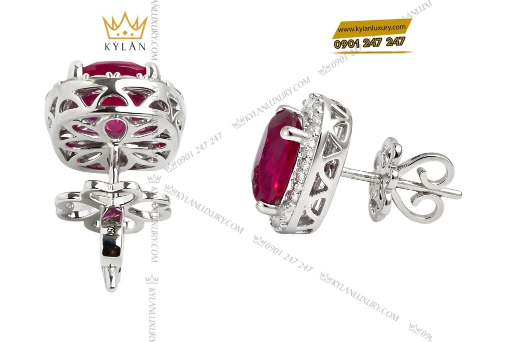 Bông tai vàng trắng Au750 đính kim cương và đá sapphire đỏ