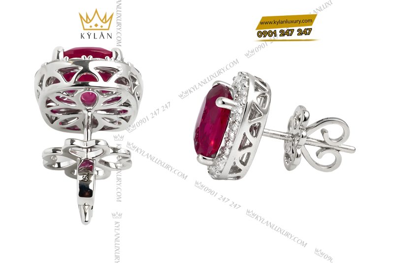 Bông tai vàng trắng Au750 đính kim cương và đá sapphire đỏ