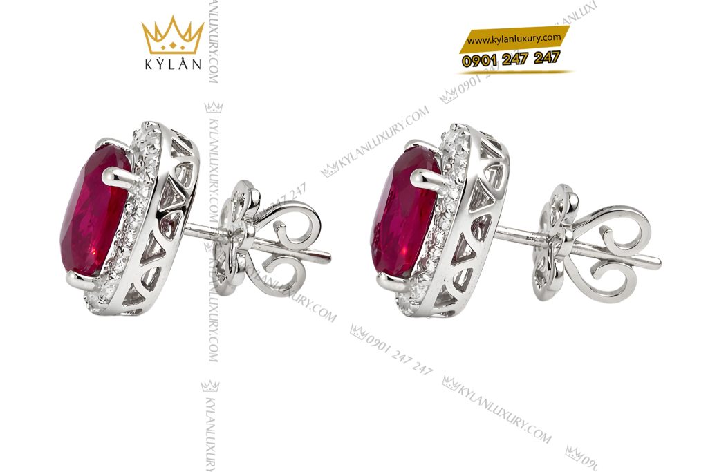 Kỳ Lân Luxury Bong tai vang trang Au750 dinh kim cuong va da sapphire do 5 Bông tai vàng trắng Au750 đính kim cương và đá sapphire đỏ