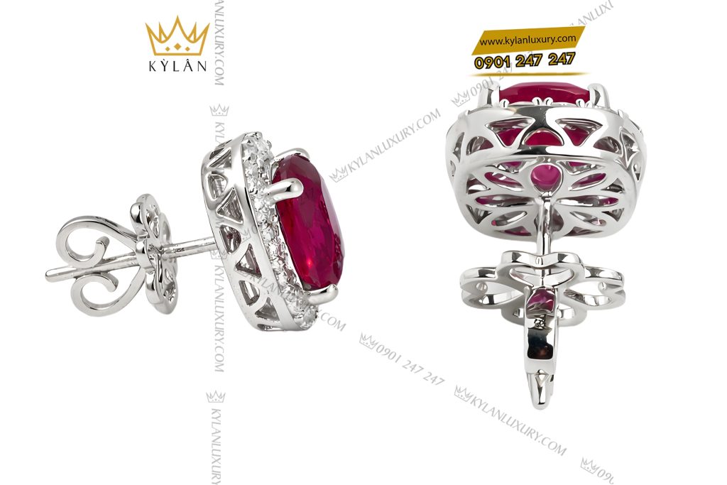 Kỳ Lân Luxury Bong tai vang trang Au750 dinh kim cuong va da sapphire do 6 Bông tai vàng trắng Au750 đính kim cương và đá sapphire đỏ