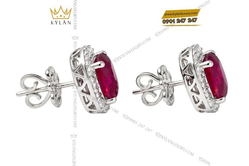 Bông tai vàng trắng Au750 đính kim cương và đá sapphire đỏ