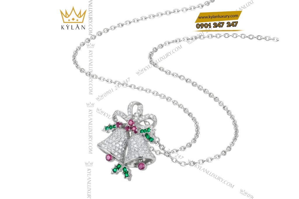 Mặt dây chuyền chuông vàng trắng Au750 đính kim cương và đá quý 3 Mặt dây chuyền chuông vàng trắng Au750 đính kim cương và đá quý