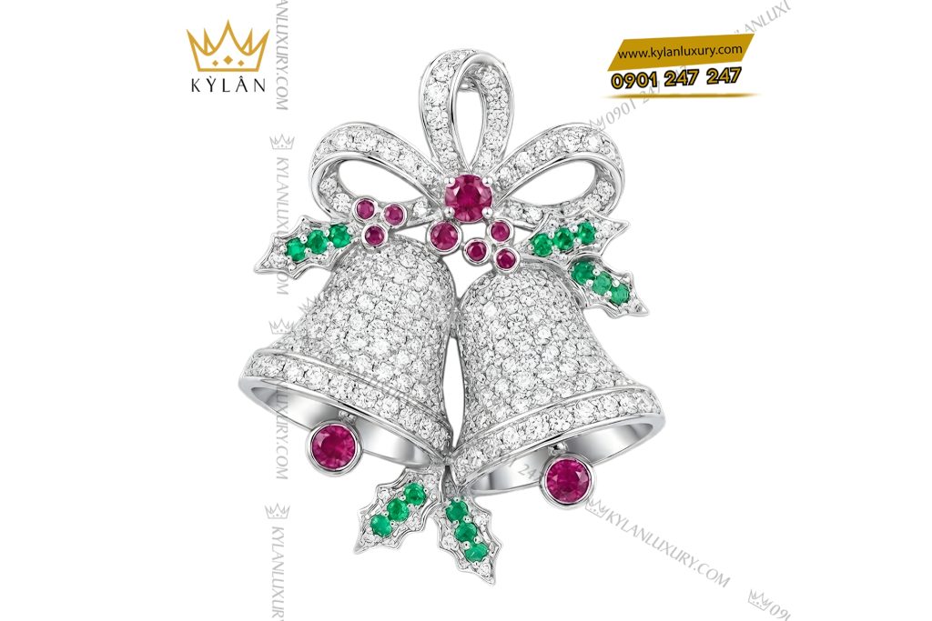 Mặt dây chuyền chuông vàng trắng Au750 đính kim cương và đá quý 2 Mặt dây chuyền chuông vàng trắng Au750 đính kim cương và đá quý