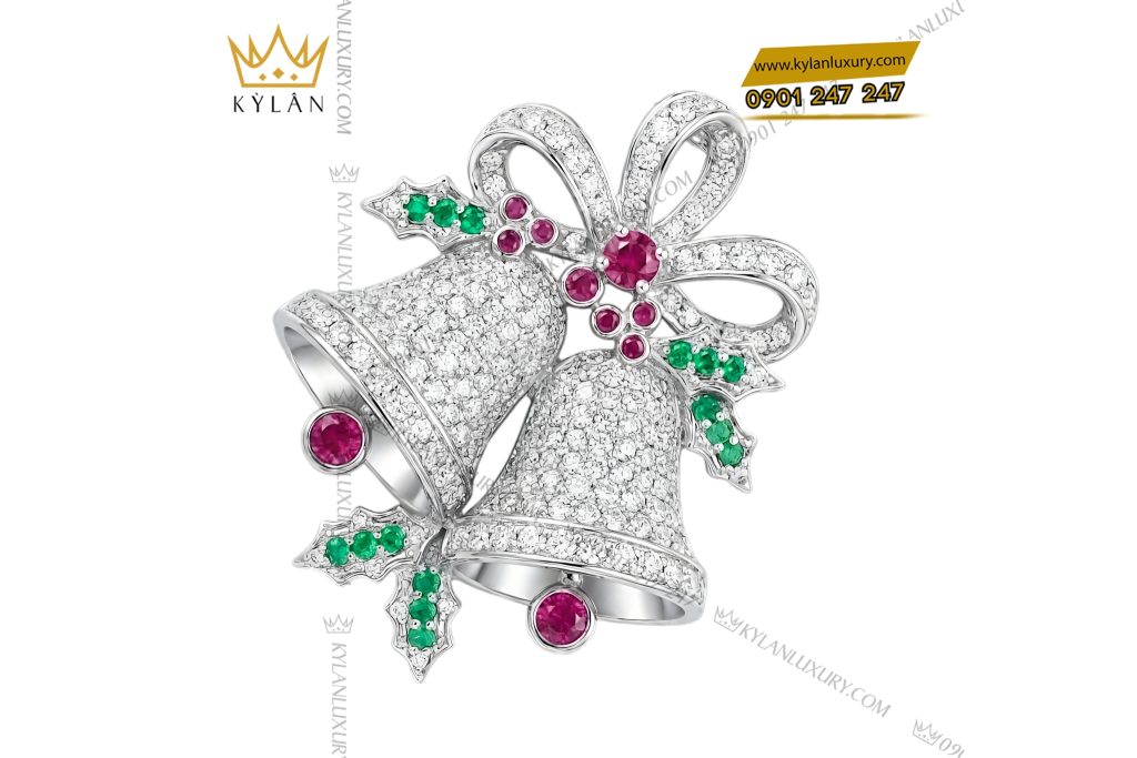 Mặt dây chuyền chuông vàng trắng Au750 đính kim cương và đá quý 10 Kỳ Lân Luxury Mat day chuyen chuong vang trang Au750 dinh kim cuong va da quy 6 Mặt dây chuyền chuông vàng trắng Au750 đính kim cương và đá quý