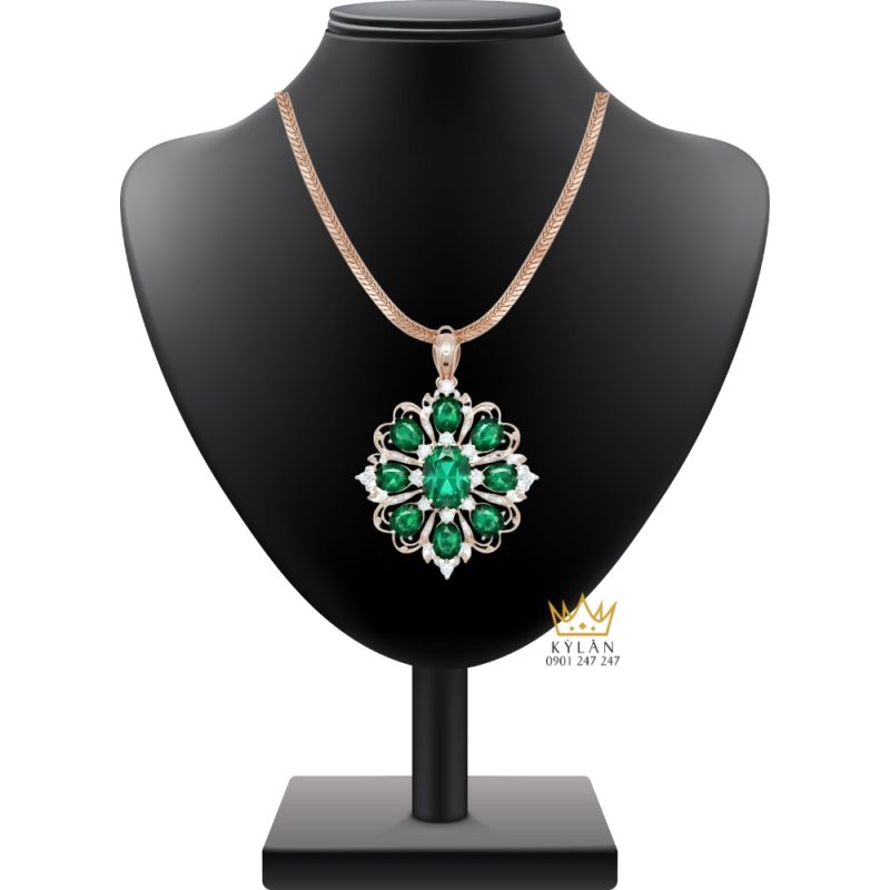 Mặt dây chuyền vàng hồng Au70 đính kim cương và đá quý xanh