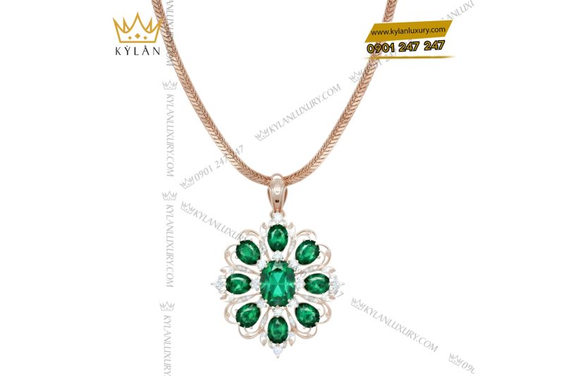 Mặt dây chuyền vàng hồng Au70 đính kim cương và đá quý xanh